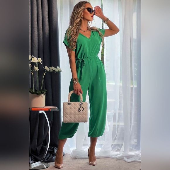 "Jade" Short Sleeve Belted V-Neck Jumpsuit Size Large - Picture 5 of 8